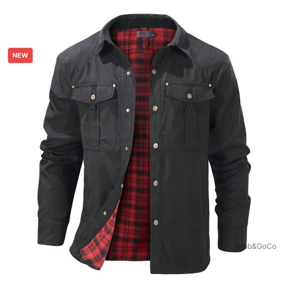 Flannel Lined Shirt Jacket Western Cowboy Snap Button Lightweight Shacket